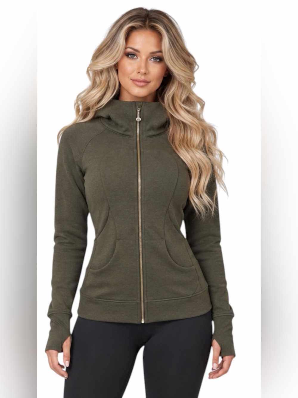 Lululemon – Scuba Hoodie Light Cotton Fleece Gold Zip – Dark Olive – Sz. 8